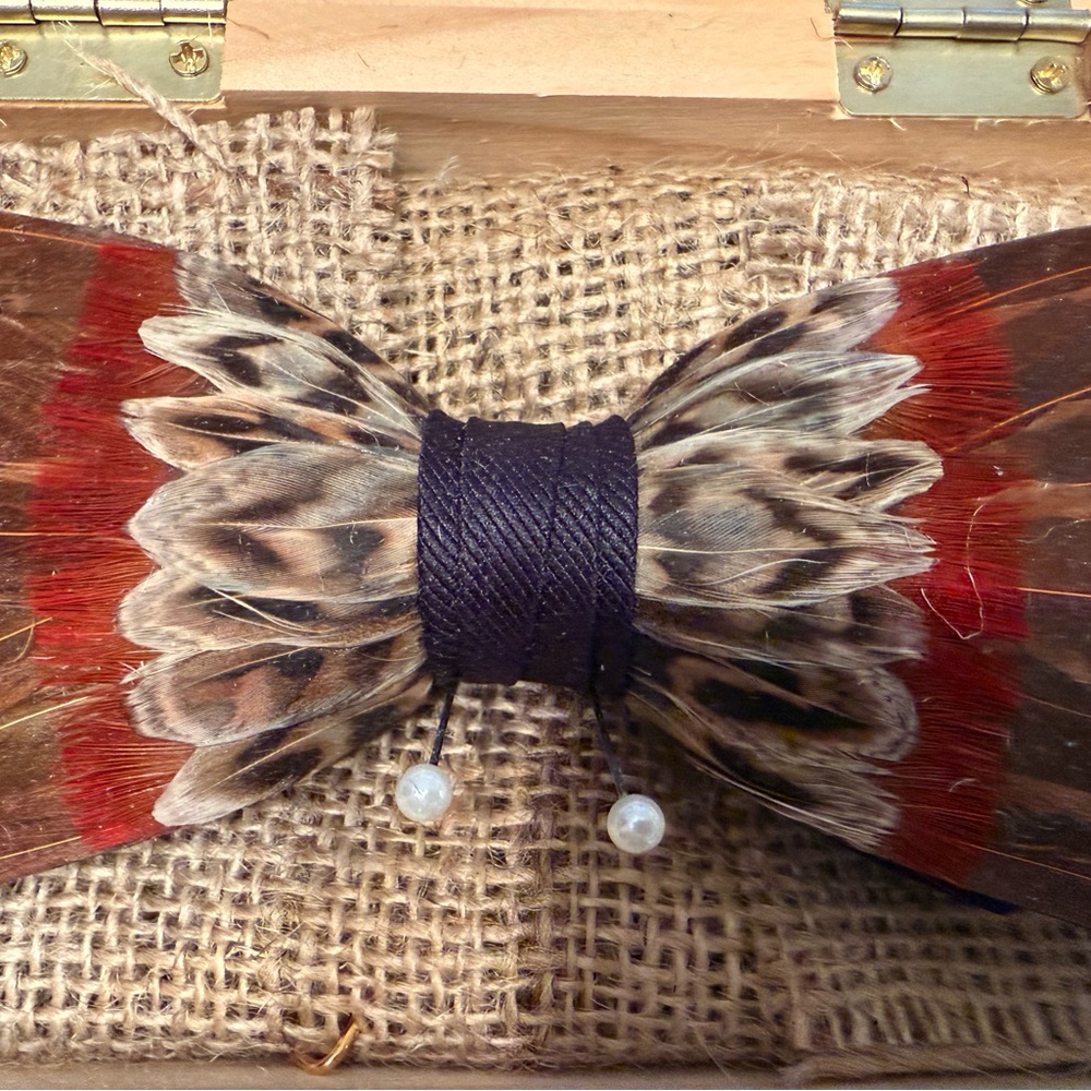 Brackish Handcrafted Feather Bow Tie with Red and Brown Accents